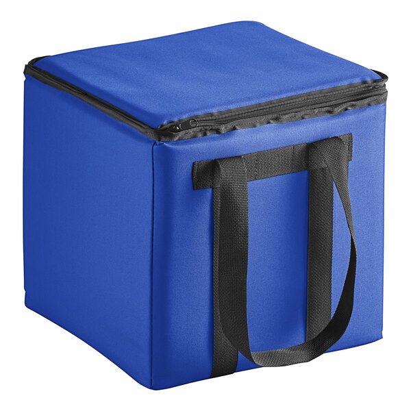 A blue cooler bag with black handles.