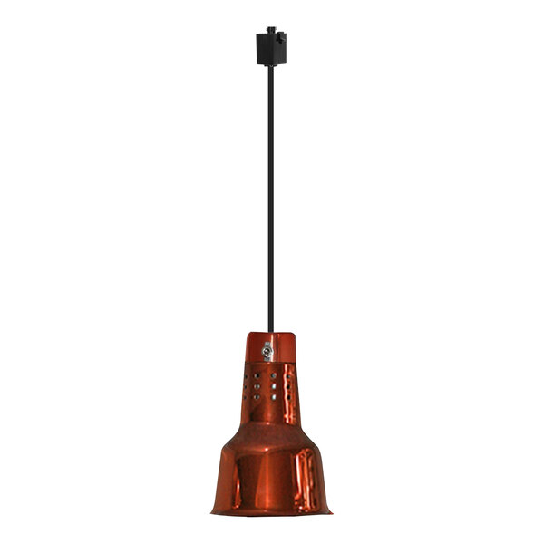 A Hanson Heat Lamp with a smoked copper finish hanging from a black track fitting on a ceiling.