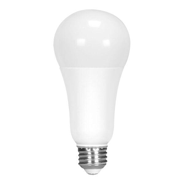 A close-up of a white light bulb with a white base.