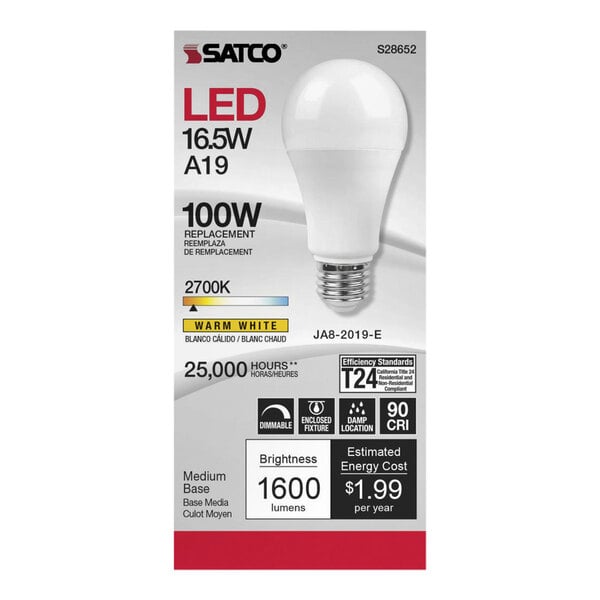 A package of Satco dimmable LED light bulbs with one bulb visible.