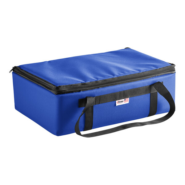 A blue cooler bag with black straps.