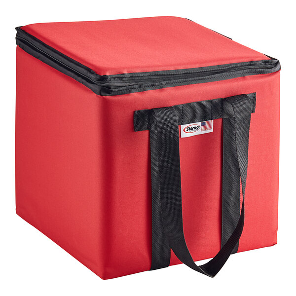 A red nylon insulated food carrier with black straps.