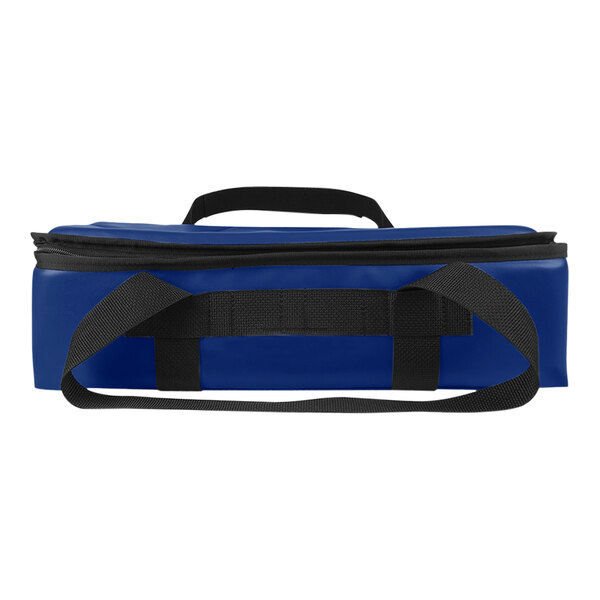 A royal blue vinyl insulated delivery bag with black straps.