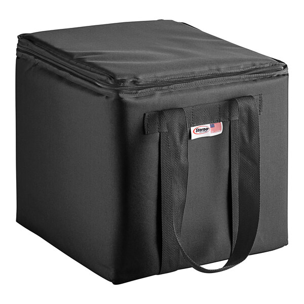 A black Sterno insulated delivery food carrier bag with handles and a strap.