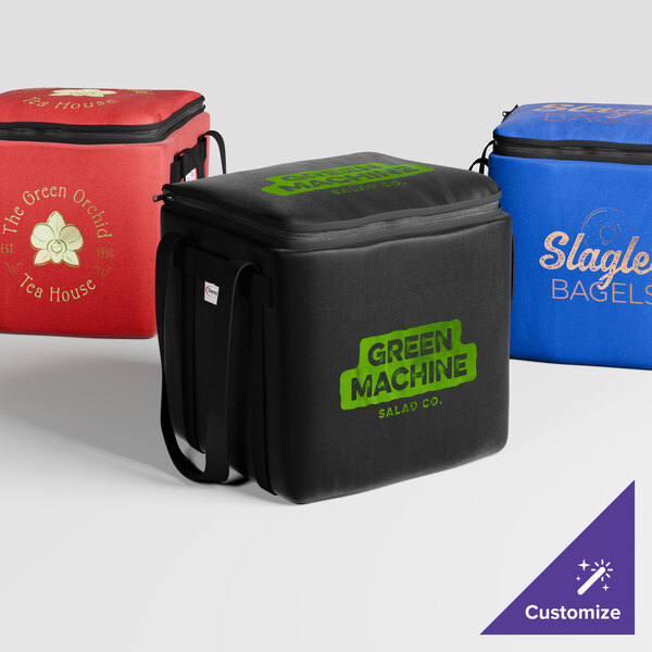 A black Sterno insulated food delivery bag with green text.