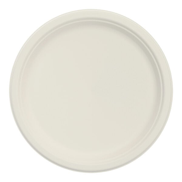 A white Dart round fiber plate with a plain edge.