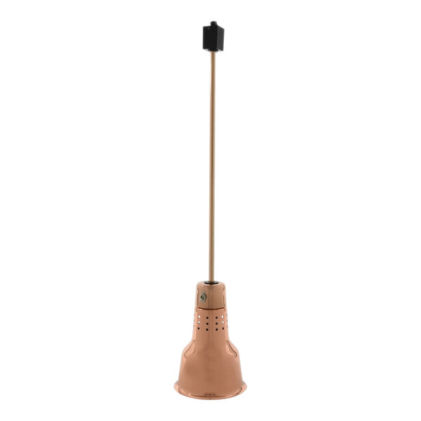 A Hanson Heat Lamps ceiling mount heat lamp with a bright copper finish and black track fitting.