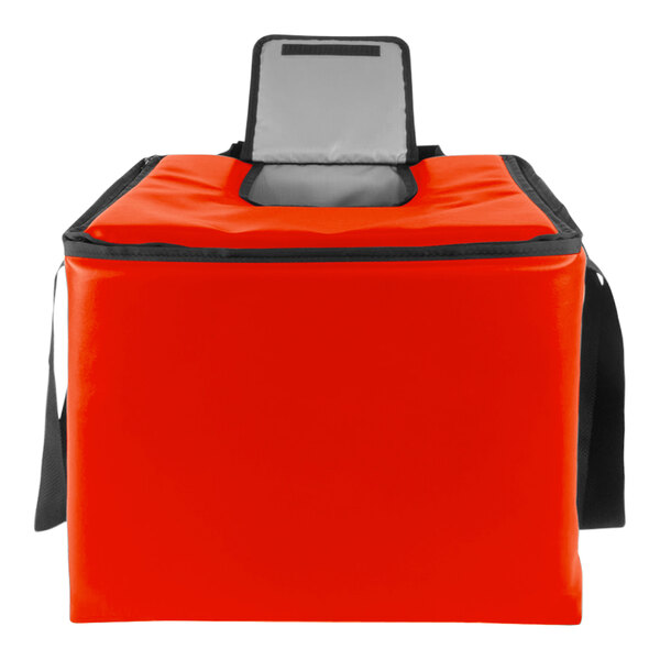 A red insulated milk crate bag with a black strap.