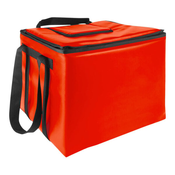 A red insulated Sterno milk crate bag with black straps.