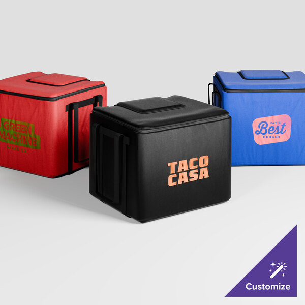 A red Sterno insulated milk crate bag with black straps.