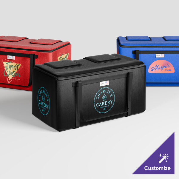 A group of black Sterno insulated milk crate bags with blue and red logos.