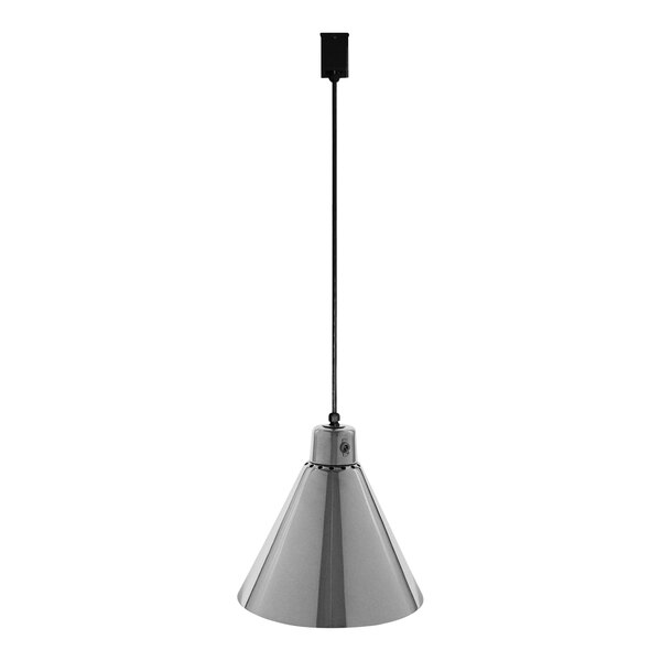 A silver cone-shaped ceiling mount heat lamp with a silver track fitting.