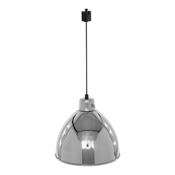 A chrome Hanson Heat Lamp with a black cord hanging in a school kitchen.