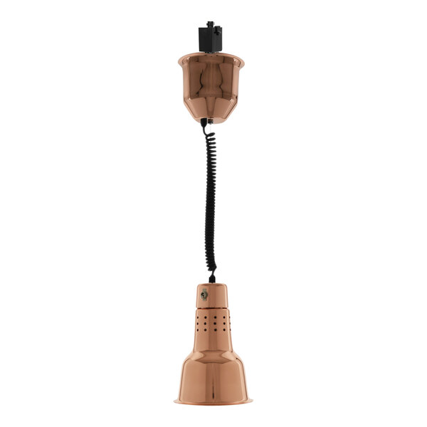 A Hanson Heat Lamp with a bright copper finish and a black cord.