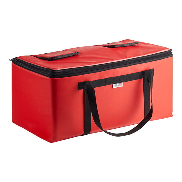 A red vinyl insulated milk crate bag with black straps.