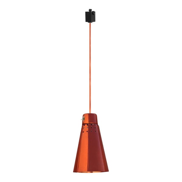 A Hanson Heat Lamps warmer with a rigid stem and smoked copper cone hanging from a long red pole.