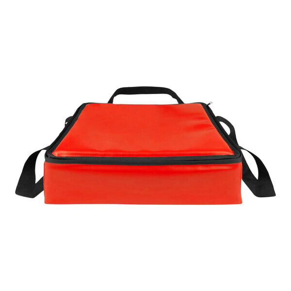 A red bag with black handles.