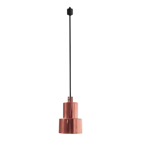 A Hanson Heat Lamp with a bright copper finish and a black track fitting hanging from a black pole.