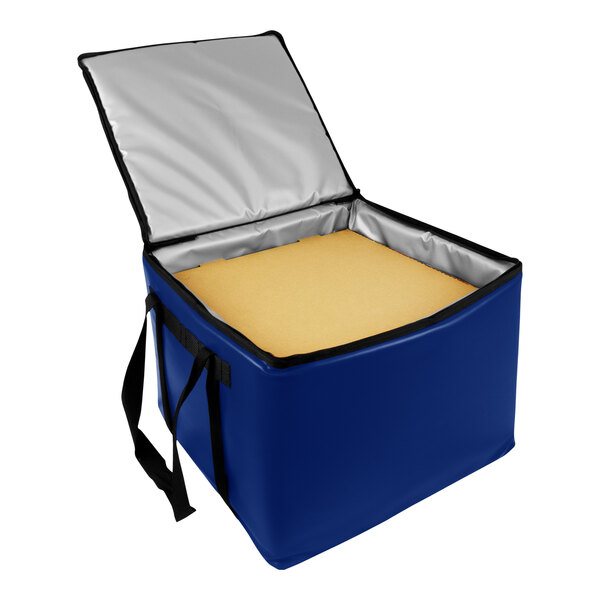 A blue cooler bag with a yellow insert.