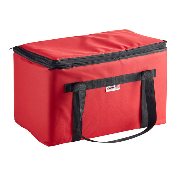 A red Sterno insulated food carrier with black straps.