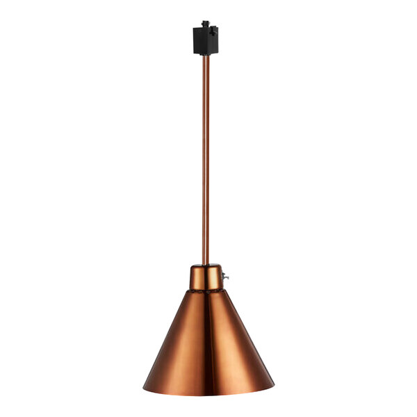 A Hanson Heat Lamp with a copper cone-shaped lamp shade and a track fitting.