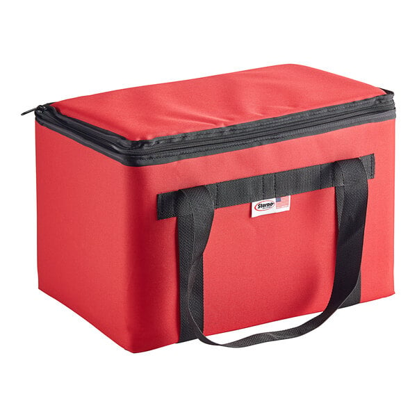 A red nylon insulated delivery food carrier with black straps.