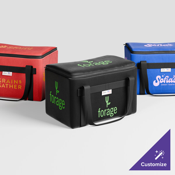 A red Sterno insulated delivery food carrier with black straps.