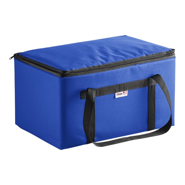 A Sterno royal blue nylon insulated food carrier with black straps.
