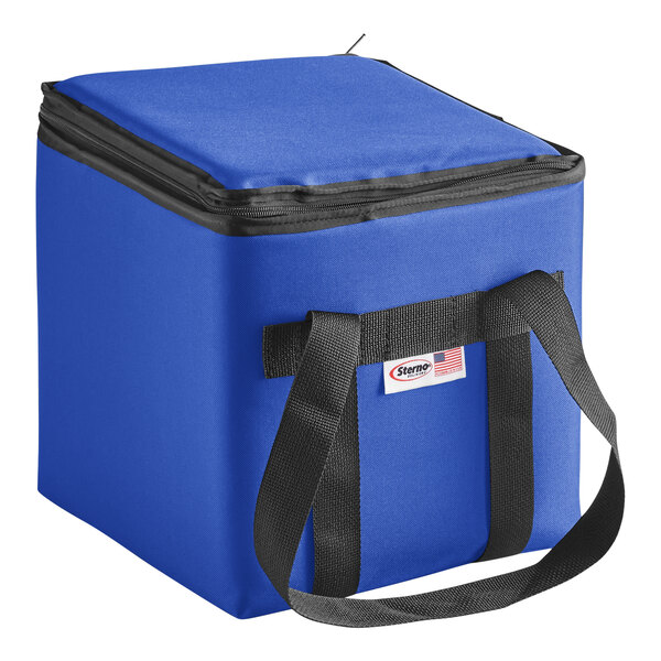 A blue cooler bag with black straps.