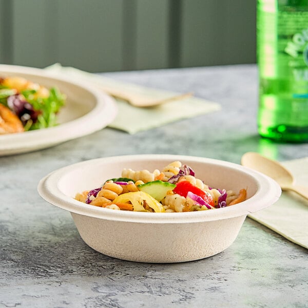 Two Dart ProPlanet fiber bowls filled with salad and vegetables on a table.