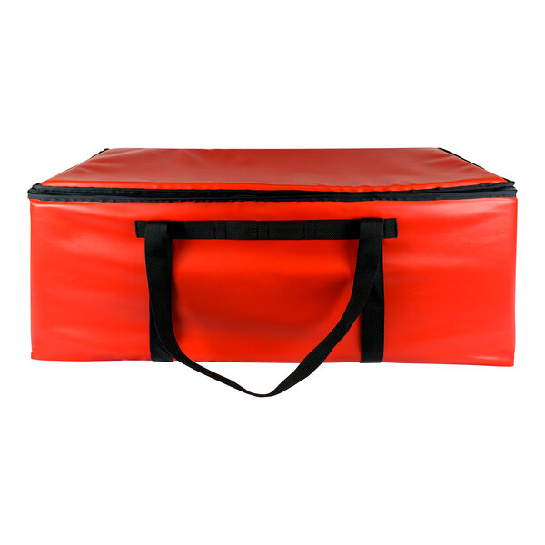 A red Sterno insulated pizza carrier with black straps.