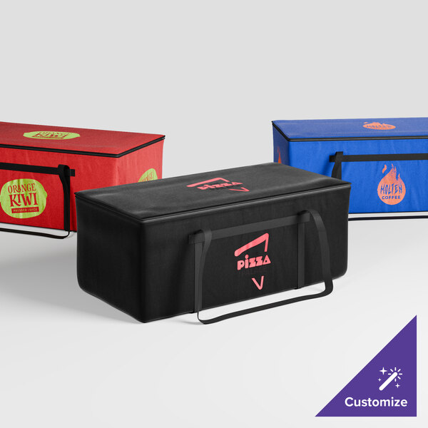 A red Sterno insulated pizza carrier bag with a yellow and black logo.