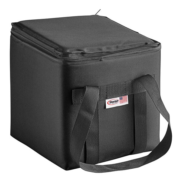 A Sterno large black nylon insulated delivery food carrier with a strap.