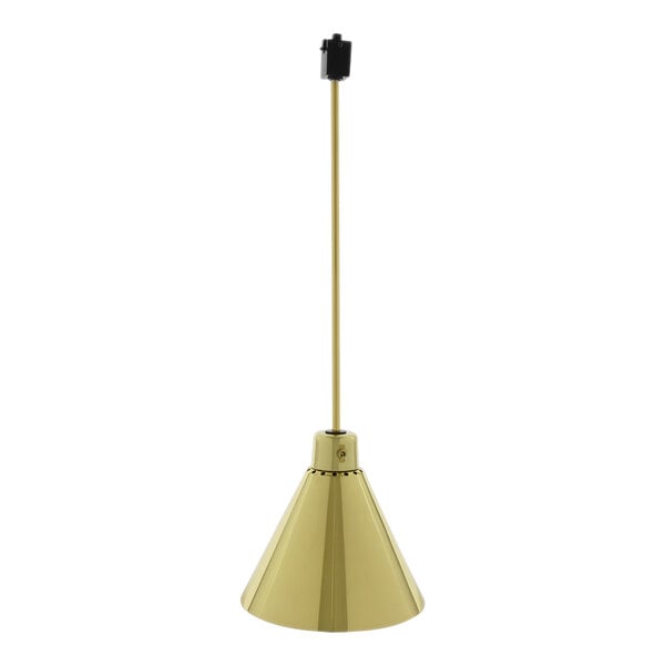 A Hanson Heat Lamps brass ceiling mount heat lamp with a cone-shaped shade.