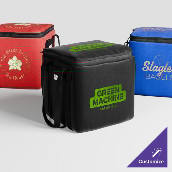 A group of Sterno insulated delivery food carriers in blue with orange and yellow text.