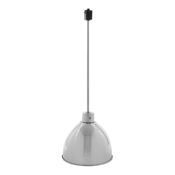 A silver Hanson Heat Lamps warmer with a black stem hanging from a track.