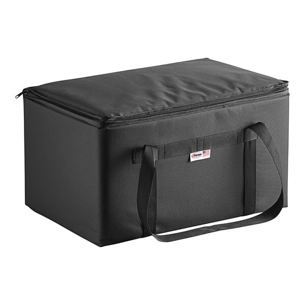 A large black Sterno insulated food carrier bag with a strap.