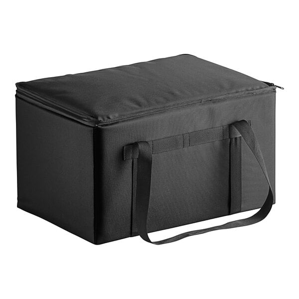 A large black nylon insulated food carrier with straps.