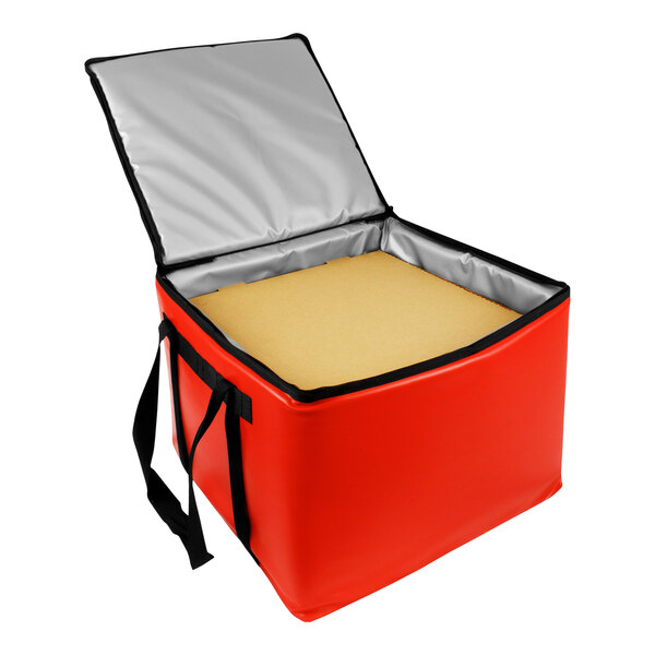A Sterno red vinyl insulated food carrier bag with the lid open.