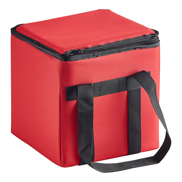A red cooler bag with black straps.