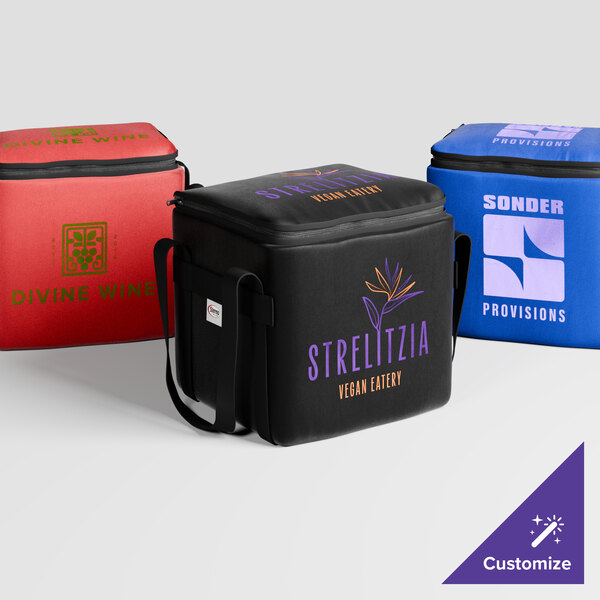 A red Sterno insulated delivery food carrier bag with a green logo.