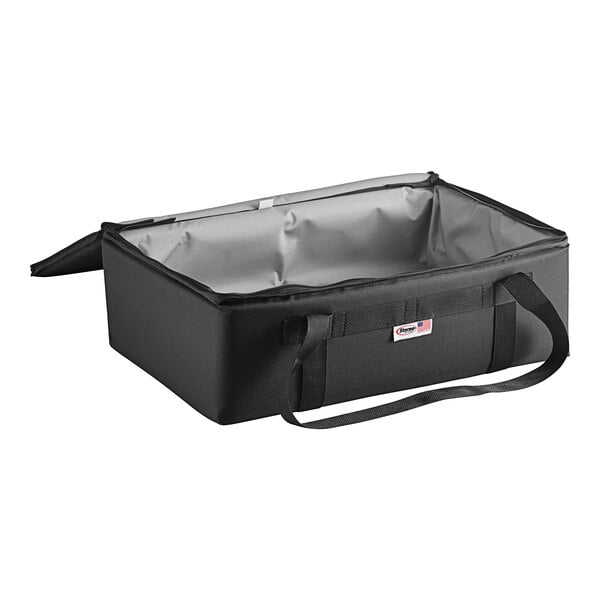 A black and grey Sterno food carrier bag with a strap.