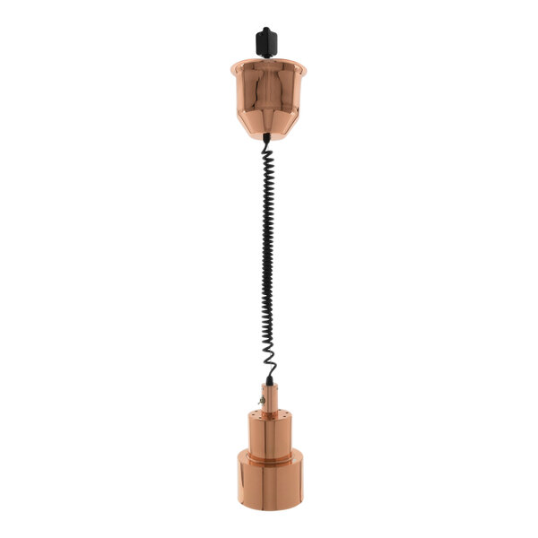 A Hanson Heat Lamps bright copper ceiling mount heat lamp with a black retractable cord.