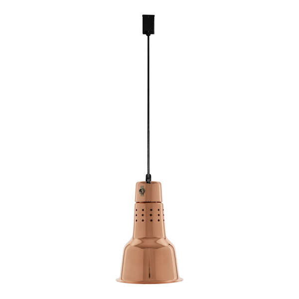 A Hanson bright copper ceiling mount heat lamp with a track fitting.