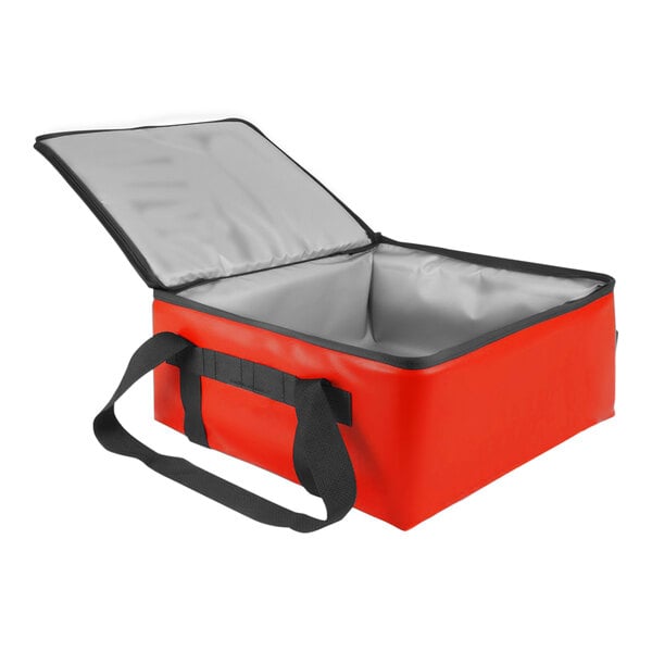 A red cooler bag with black straps and a zipper.