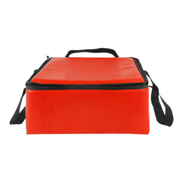 A red lunch bag with black handles.