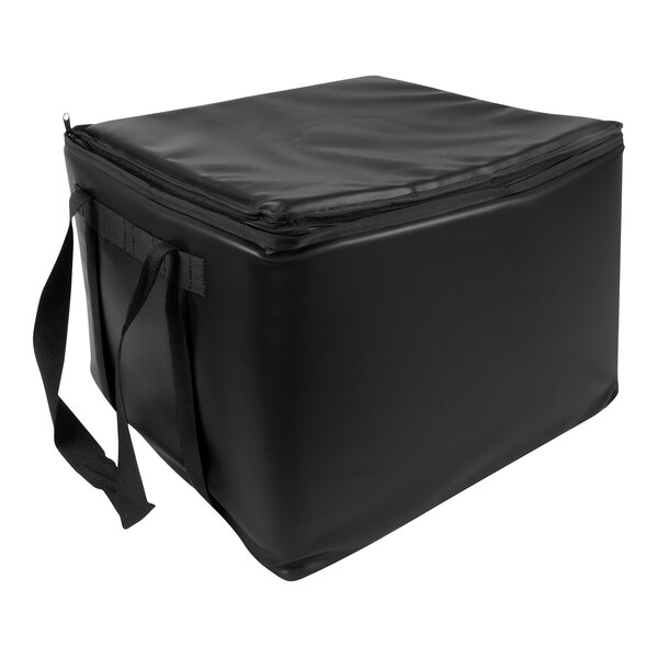 A black Sterno insulated food carrier bag with straps.