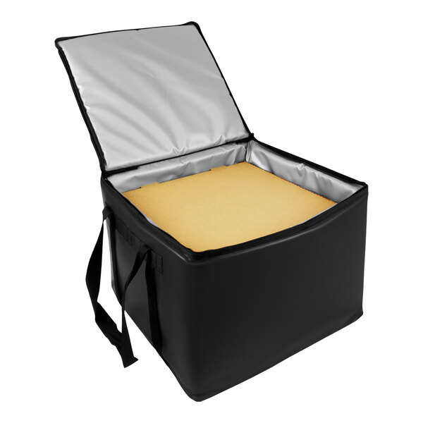 A black and silver Sterno insulated food carrier with a yellow square inside.