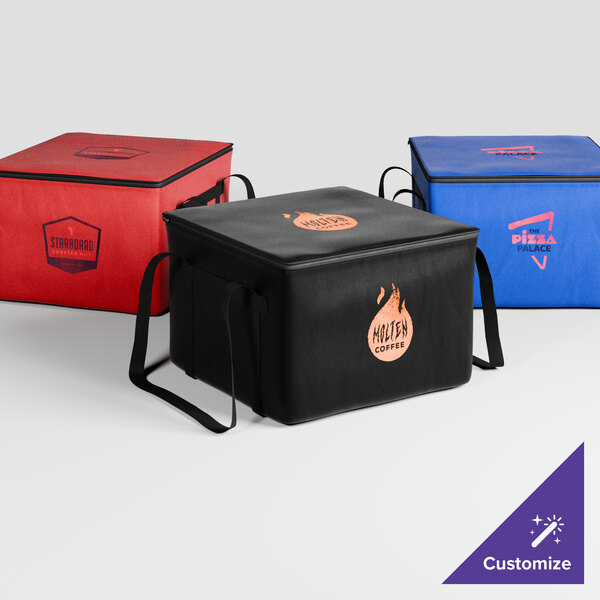 A black Sterno insulated food carrier with a blue and black logo.