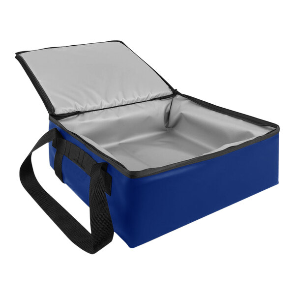 A blue and black Sterno insulated delivery bag with a black handle.